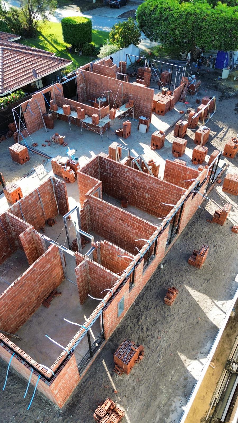 Angled aerial showing brick rooms taking shape at Rhonda Ave Willetton